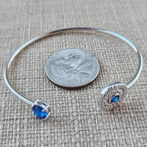 925 Sterling Silver Bracelet Blue Faux Stone Crystal Accent Cuff Wrist Band New - Picture 12 of 12
